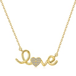 Real 18K Gold Plated 925 Sterling Silver Pendant Necklaces, Micro Pave Clear Cubic Zirconia, Word Love, Real 18K Gold Plated, 15.91 inch(40.4cm)