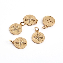 Золотой Латунные микропаве прозрачные кубические циркониевые подвески, с прыжковых колец, плоские круглые со звездой, золотые, 14x12x2.5 мм, отверстие : 3.5 мм