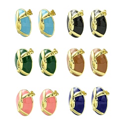 Golden Oval Brass Stud Earrings, with Mixed Color Enamel, Golden, 28x22mm