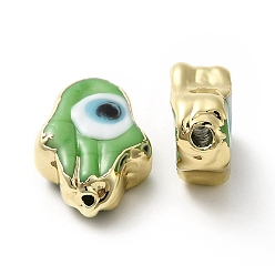 Lime Green Handmade Evil Eye Lampwork Beads, with Golden Plated  Brass Edge, Long-Lasting Plated, Hamsa Hand, Lime Green, 15~17x11.5~12.5x5~5.5mm, Hole: 1.8mm