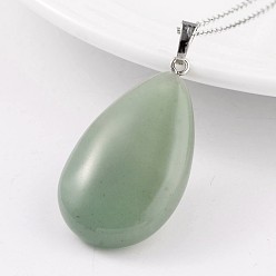 Зеленый Авантюрин Подвески из зеленого авантюрина из латуни платинового тона в форме капли, 41~43x23~25x11~13 мм, отверстие : 5 мм