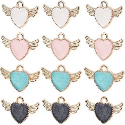 Mixed Color Alloy Enamel Charms, Heart with Wing, Light Gold, Mixed Color, 14x22x2mm, Hole: 1.8mm, 4colors, 20pcs/color, 80pcs/box
