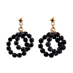 Natural Agate Natural Agate Beads Stud Earrings, with 304 Stainless Steel Stud Earring Findings and Ear Nuts, Ring, Golden, 35x21x7.5mm, Pin: 0.8mm