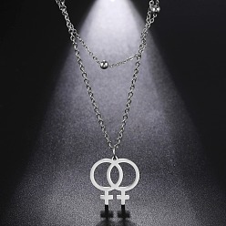 Stainless Steel Color 304 Stainless Steel Pendant Double Layer Necklaces, Female Symbol, Tarnish Free, Stainless Steel Color, 17.72 inch(45cm)