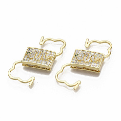 Real 16K Gold Plated Brass Micro Pave Cubic Zirconia Clasps, Nickel Free, Rectangle with Snake, Real 16K Gold Plated, 33.5x21.5x5mm