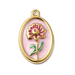 Настоящее золото 18K 304 прелести нержавеющей стали, овал с цветочными подвесками, с эмалью и стразами, ионное покрытие (ip), реальный 18 k позолоченный, 17.5x11.5x2 мм, отверстие : 1.2 мм