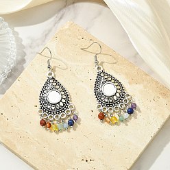 Teardrop Серьги-люстры с кисточками из драгоценных камней, с подвесками из сплава и 304 крючком из нержавеющей стали, старинное серебро и цвет нержавеющей стали, слеза, 63x25 мм