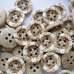 Цвет Древесины Кнопки искусства в круглой форме с 4 отверстиями для детей, Кокосовые Пуговицы, деревесиные, диаметром около 15 мм , около 100 шт / упаковка