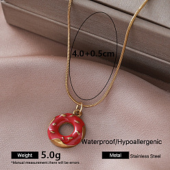 Donut Vintage 304 Stainless Steel Red Enamel Pendant Round Snake Chain Necklaces for Women, Golden, Donut, 15.75 inch(40cm)