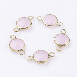 Розовый Золотистые латунные стеклянные соединители, граненые, плоско-круглые, туманная роза, 16x10.5x4 мм, отверстие : 1.5 мм