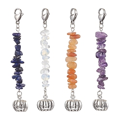 Смешанные камни Подвесные украшения из сплава тыквы на Хэллоуин, Подвеска из натурального красного авантюрина, аметиста, лазурита, опалита и застежки-когти омара для украшений сумок, 92 мм