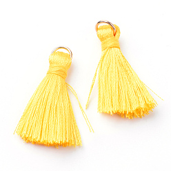 Yellow Nylon Tassel Pendant Decorations, with Unwelded Iron Jump Rings, Golden, Yellow, 26~33x4.5~5mm, Hole: 2mm