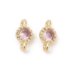 Pink Латунные плоские круглые подвески-соединители из кубического циркония, стойки покрытие, долговечный, золотой свет, розовые, 9x4.5~5x3 мм, отверстие : 1 мм