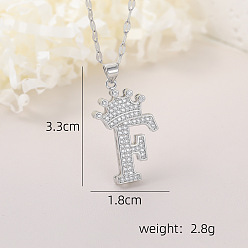 Letter F Хип-хоп латунные микропаве кубические цирконии корона инициал подвеска ожерелья, 304 ожерелья из нержавеющей стали с цепочкой для женщин, платина, Буква F, 15.75 дюйм (40 см)