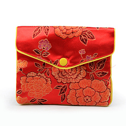 Малиновый Прямоугольные тканевые мешочки на молнии в китайском стиле, с цветочным узором и кнопкой, малиновый, 10x12 см