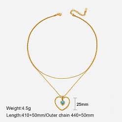 Сердце 304 двухслойные ожерелья из нержавеющей стали с синтетической бирюзой, золотые, сердце, 16.14 дюйм (41 см), Кулон : 25 мм