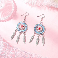 Небесно-голубой Плоские круглые с перьями стеклянные бусины ручной работы серьги-люстры, с 304 крючками для сережек из нержавеющей стали и сплава, античное серебро, голубой, 83x28.5 мм