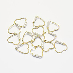 Настоящее золото 18K Долговечные латунные соединительные кольца, с акриловой жемчужные бусины, реальный 18 k позолоченный, без никеля , сердце, 15x15.5x3 мм, отверстие : 3.5x11 мм