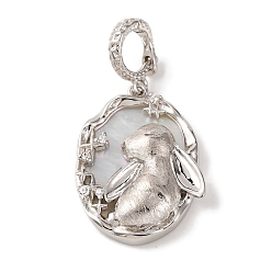 Real Platinum Plated Rhodium Plated 925 Sterling Silver Pave Natural Shell Oval Pendants, Rabbit Charms with 925 Stamp, Real Platinum Plated, 29mm, Hole: 5mm