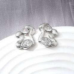 Платина Серьги-гвоздики из латунного микро-паве, самородки, платина, 19x14.5 мм