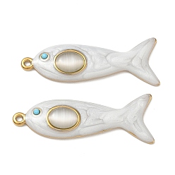 Floral White 304 Stainless Steel with Enamel & Turquoise Rhinestone Pendants, with Cat Eye, Fish Charms, Ion Plating(IP), Real 18K Gold Plated, Floral White, 43x13x5mm, Hole: 1.8mm
