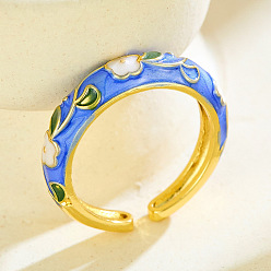 Cornflower Blue Brass Enamel Cuff Open Rings, Flower, Golden, Cornflower Blue, 15~20mm