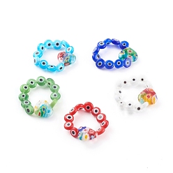 Colorful Lampwork Stretch Rings, with Evil Eye Lampwork Beads, Flat Round & Heart, Colorful, Inner Diameter: 18mm