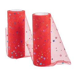 Красный Сетчатые ленты с пайетками и звездами, тюль ткань, Тюль-рулонная ткань для юбки, красные, 6 дюйм (15.24 см), о 10 ярдах / рулоне (9.144 м / рулон).