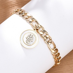 Золотой 304 браслеты из нержавеющей стали с плоским круглым плетением и подвесками в виде хамсы, браслеты из цепочек панцирного плетения для женщин, с оболочкой, ионное покрытие (ip), золотые, 6-7/8 дюйм (17.6 см)