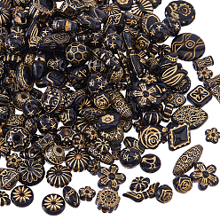 Mixed Shapes 200g непрозрачные акриловые бусины, золотой металл обвитыми, чёрные, разнообразные, 12.5~25x7~25x5~25 мм, отверстие : 1.2~3.5 мм, Около 138 шт / 200 г