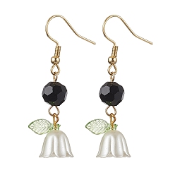 Black Resin Dangle Earring, with Imitation Austrian Crystal Beads and 304 Stainless Steel Earring Hooks, Flower, Golden, Black, 45x10.5mm