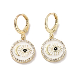 White Golden Brass Dangle Leverback Earrings, with Enamel and Cubic Zirconia, Evil Eye & Moon, White, 29x14mm