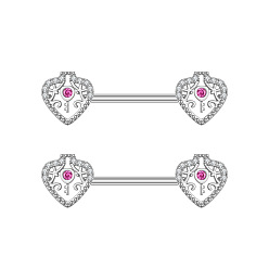 Сердце 304 Кольца для сосков из нержавеющей стали с микропаве из фиолетового кубического циркония, цвет нержавеющей стали, сердце, 16 мм, штифты : 1.6 мм