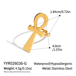 Real 18K Gold Plated 304 Stainless Steel Cuff Open Rings for Women, Ankh Cross, Real 18K Gold Plated, 40mm, Inner Diameter: 18.4mm