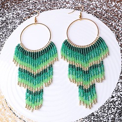 Зеленый Серьги-кольца с кисточками из сплава стеклянных бусин, золотые, зелёные, 125x50 мм