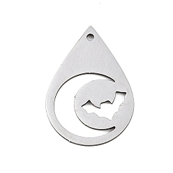 Нержавеющая Сталь Цвет Хэллоуин 201 из нержавеющей стали подвески, каплевидная подвеска с летучей мышью и луной, лазерная резка, анти-тускнение, цвет нержавеющей стали, 20.5x14.5x1 мм, отверстие : 1.2 мм