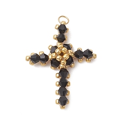 Черный Стеклянные подвески из бисера, крест очарование, с 304 нержавеющей сталью и стеклом, реальный 18 k позолоченный, граненые, чёрные, 31x25x7 мм, отверстие : 3 мм
