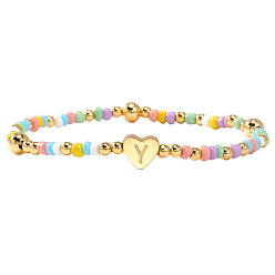 Letter Y Summer Stainless Steel Heart Alphabet Colorful Glass Seed Beaded Stretch Bracelets for Women, Golden, Letter Y, 6.89 inch(17.5cm)
