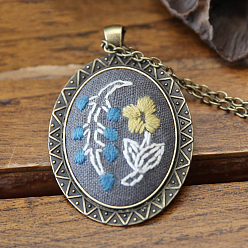 Шифер Серый Набор для изготовления ожерелья с цветочным кулоном для вышивки своими руками, включая цепочки из сплава и подвесные кабошоны, игла, хлопковая нить, пластиковые пяльцы для вышивания, шифер серый, 460 мм