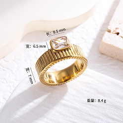 Прозрачный Прямоугольник 304 кольца из нержавеющей стали с микропаве из кубического циркония, золотые, прозрачные, размер США 7 (17.3 мм)