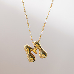 Letter M Brass Chunky Initial Pendant Necklaces, with Stainless Steel Lobster Claw Clasps, Real 14K Gold Plated, Letter M, 17.72~18.90 inch(45~48cm)