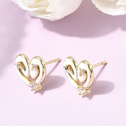 Белый Серьга-гвоздик в форме сердца из латуни с микропаве из кубического циркония, с эмалью, долговечный, стойки покрытие, без свинца и без кадмия, реальный 18 k позолоченный, белые, 11x13.5 мм