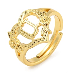 Letter U Регулируемые кольца из латуни для женщин в форме сердца с буквами и цветами, без свинца и без кадмия, реальный 18 k позолоченный, Буква U, размер США 6 (16.5 мм)