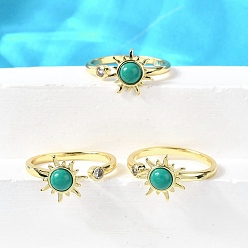 Настоящее золото 18K Открытые манжеты из латуни с цирконием для женщин, солнце, с синтетическими бирюзовый, стойки покрытие, прочное покрытие, без кадмия и без свинца, реальный 18 k позолоченный, размер США 7 1/4 (17.5 мм)