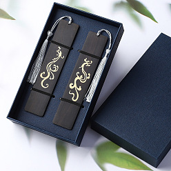 Black Dragon & Phoenix Pattern Wooden Bookmarks, Rectangle Bookmark with Tassel Pendant, Black, 140x27x2mm, 2pcs/set