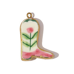 Настоящее золото 18K 304 нержавеющая сталь с фарфоровыми подвесками, сапоги с цветочными подвесками, ионное покрытие (ip), реальный 18 k позолоченный, 33x23 мм