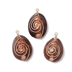 Седло Коричневый Подвески из натуральной медной проволоки из ракушек каури, подвески в форме ракушек, реальный 18 k позолоченный, седло коричневый, 31.5~33x20~20.5x12.5~13 мм, отверстие : 2 мм