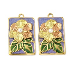 Rectangle 304 подвески из нержавеющей стали, цветок, с эмалью и жемчугом, реальный 18 k позолоченный, ионное покрытие (ip), прямоугольные, 33.5x20x5.5 мм, отверстие : 2 мм