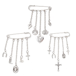 Античный Серебристый & Платиновый 3 шт. сплав подвески килт булавки брошь, с железными булавками и кабельными цепями, сердце/древо жизни/шляпа, старинное серебро и платина, 105~124x63.5x5.5 мм