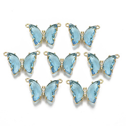 Небесно-голубой Экологически чистые соединители звеньев из сплава, со стеклом и прозрачным кубическим цирконием, бабочка, без никеля , золотой свет, голубой, 16x24x6 мм, отверстие : 1.2 мм